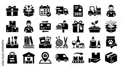 Diverse icons representing e-commerce logistics delivery and shopping services with modern flat design style