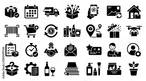 Logistics and Delivery Icons Set Representing Shipping Supply Chain Management and E-commerce Services