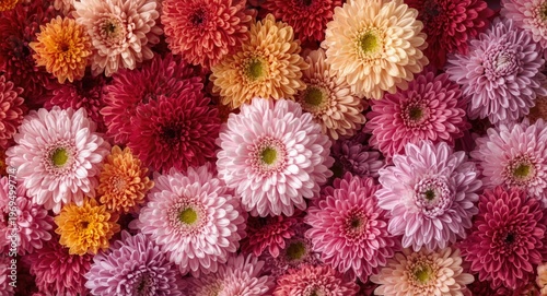 Fine focus on assorted colorful chrysanthemum flower heads