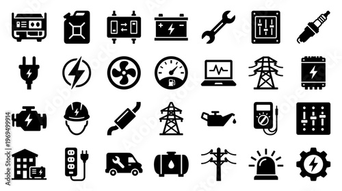 Collection of electrical and automotive industry icons representing power generation maintenance and technology concepts