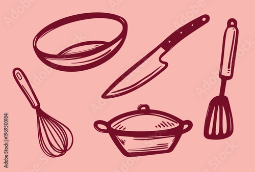 A collection of kitchen utensils and cookware