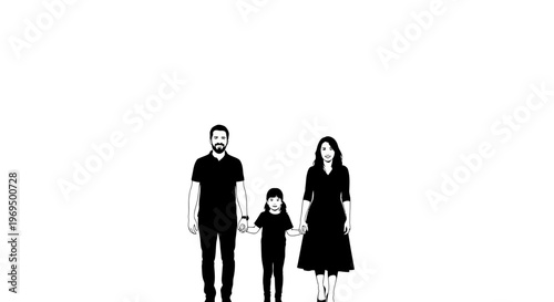 Family Silhouette: Parents and Child Holding Hands, Minimalist Black and White