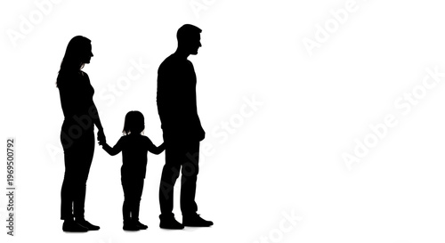 Family Silhouette: Parents Holding Hands With Child, Isolated on White Background