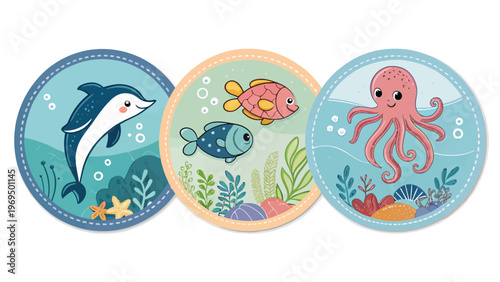 Colorful sea creature stickers featuring dolphin fish and octopus for kids' projects and ocean themed designs