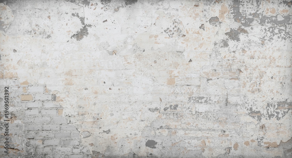 Fototapeta premium Vertical grunge style background showing old brick wall and cracked white stucco texture for copy space