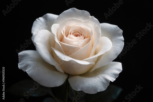 Detailed close-up of a fragile white rose with soft petals against a deep black backdrop
