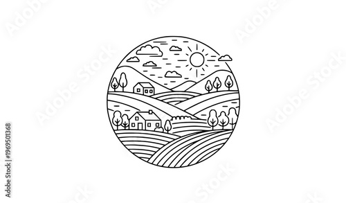 Circular rural landscape continuous line art with farmhouse trees and sun in minimal outline style isolated on white