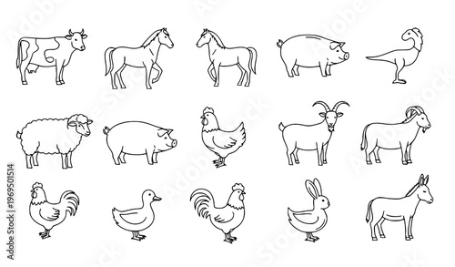 Farm animals line art icon bundle in minimal outline style for agriculture and education design concepts