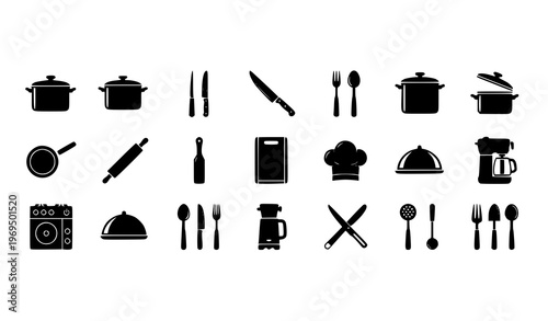 Flat black kitchen silhouette icons in horizontal layout for cooking tools and food preparation concepts