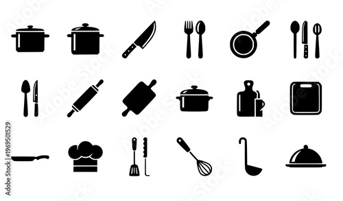Kitchen cooking icons set in flat black silhouette style for food blogs and culinary design concepts