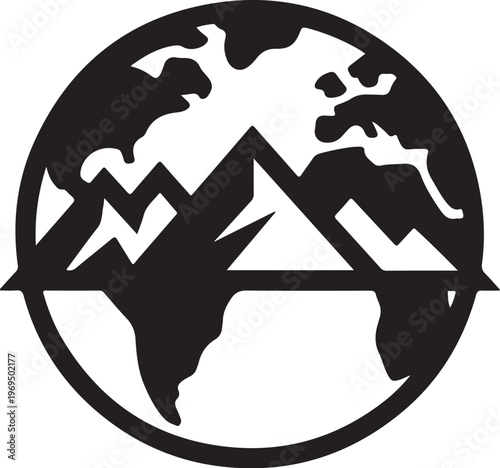 Black silhouette of mountains and globe on white background