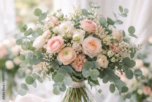 Pastel floral bouquet with abundant eucalyptus leaves for a fresh event atmosphere