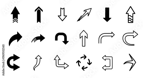 Arrows icon set with black curved lines and various directions for navigation featuring direction, pointers, indicators with signs and symbols