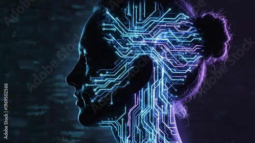 Human silhouette with glowing digital brain circuit illustrating artificial intelligence concept