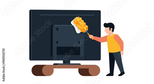 Man cleaning the back of a large television set with a feather duster, flat vector illustration of household chores and daily routine