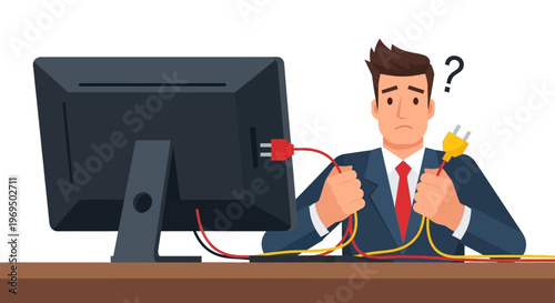 Confused businessman trying to connect cables to a computer monitor, office worker struggling with technology connection issues