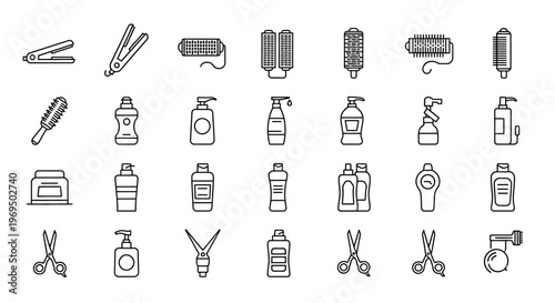 Set of outline hair salon icons, vector line illustration of hairdressing tools shampoo bottles scissors and hair care products