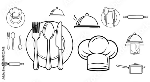 Utensils and chef tools line art set with kitchenware and cookware featuring illustrations, cooking, culinary with restaurant and food elements for