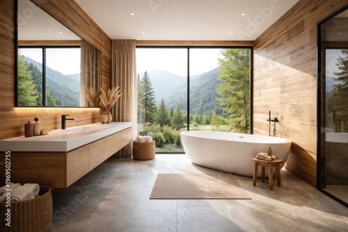 Modern bathroom interior with wooden walls and tile floor featuring white bathtub and sink with panoramic window view