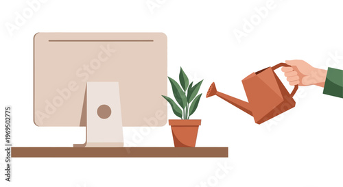 Hand watering a small potted plant next to a computer monitor on a desk, office interior decoration and plant care concept