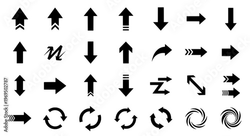 Arrows hand drawn set with black curved lines, straight edges, and feathered tails on white background