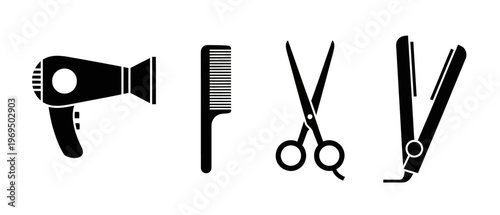 Hair salon tools silhouette icon set featuring hair dryer comb scissors and hair straightener isolated on white background