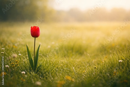 A solitary tulip standing in a vast field with ample copy space for text or graphics