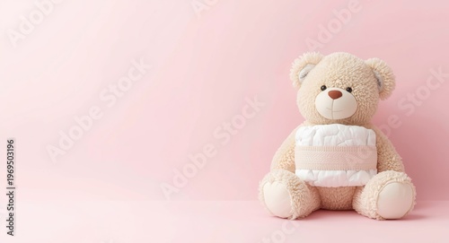 Sweet infant nursery featuring a stacked diaper set and a huggable teddy bear