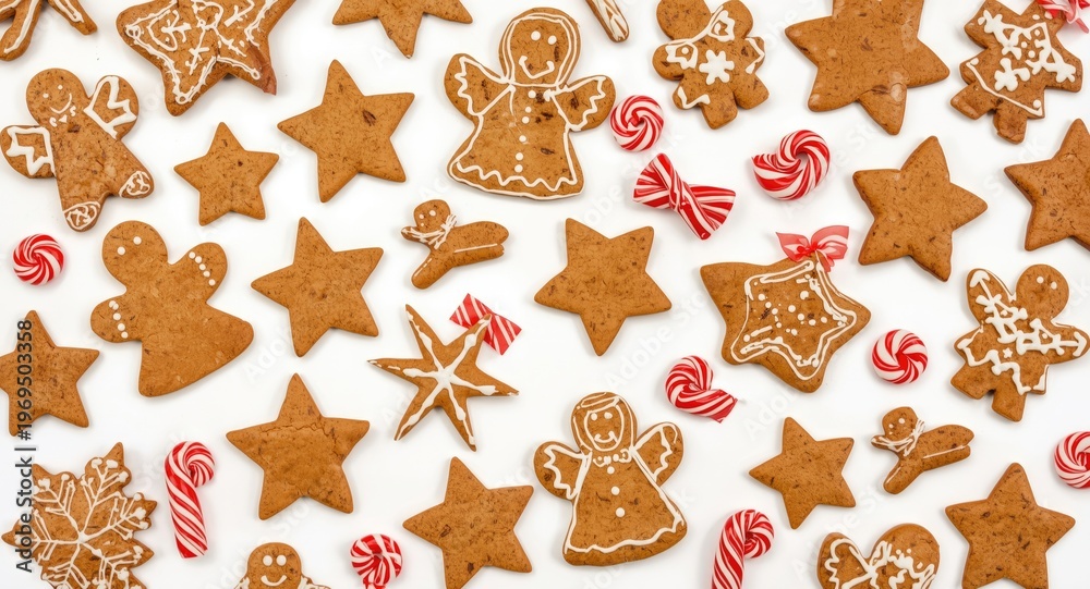 Fototapeta premium Assorted gingerbread cookie shapes including angels stars and candy on white background
