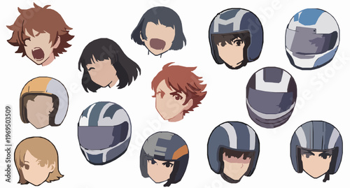 Dynamic anime racing character faces with expressive emotions and helmet variations vector illustration