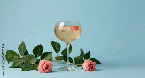 Light rose wine in glass with pink roses and rich green leaves on a soft blue background featuring copy space