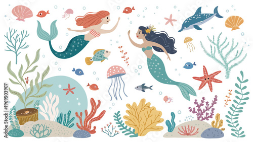 Vibrant underwater sticker sheet featuring two playful mermaids swimming with colorful sea creatures and coral reef elements