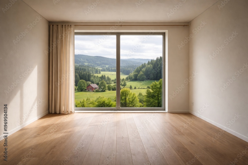 Fototapeta premium Scandinavian styled empty room with window view of green countryside