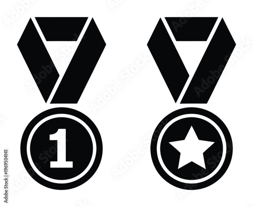Two black and white of medals, one with a number 1 and the other with a star