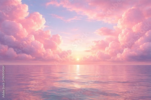 Dreamy cotton candy pink sky with fluffy clouds over calm sea