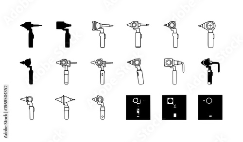 Otoscope vector icon set multiple styles silhouette and outline medical symbols vector eps10