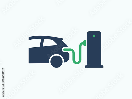 Modern flat vector icon showcasing a compact electric vehicle charging at a public station, symbolizing sustainable transport solutions.