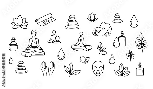 Wellness and spa line icon collection with editable stroke in creative scattered layout for self care and relaxation themes