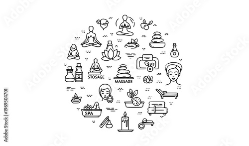 Wellness and spa line icons in radial layout with editable stroke for meditation relaxation and holistic health concepts