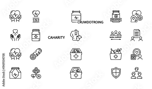 Charity donation and volunteering line icons in organized rows with editable stroke for nonprofit and support services
