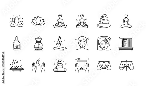 Wellness and spa line icon set with editable stroke for relaxation self care and beauty therapy concepts