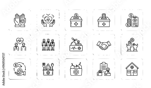 Charity and donation line icon set with editable stroke for volunteering help and community support concepts