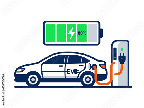 Flat vector icon of an electric vehicle plugged into a public charging station, displaying 80% battery, representing modern eco-friendly transport.