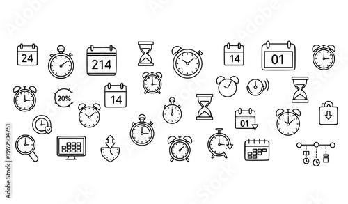 Time related line icon collection with editable stroke in creative scattered layout for scheduling and productivity themes