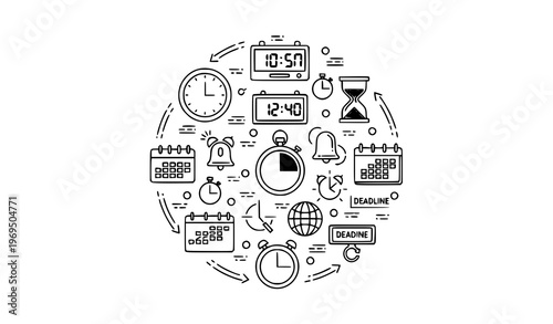 Time and schedule line icons in radial layout with editable stroke for productivity and deadline management concepts