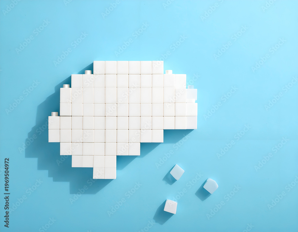 Obraz premium Pixelated Brain with Missing Pieces on Blue Background.