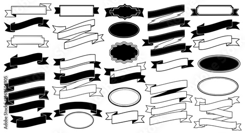 Ribbons and labels set with black and white banners, ribbons, and ovals for decoration and design featuring graphic resources, vector, illustration