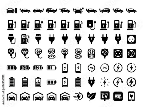 Bold silhouette flat vector icon collection illustrating electric vehicle charging, battery status, and sustainable transport solutions.