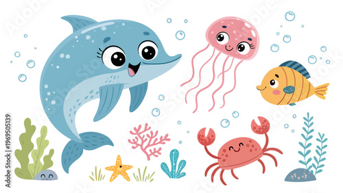 Kawaii ocean creatures swim underwater with coral and seaweed a blue dolphin pink jellyfish orange fish and red crab on a white background with bubbles