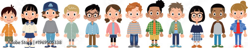 横一列に並ぶ様々な人種、様々な国の子供たち12人